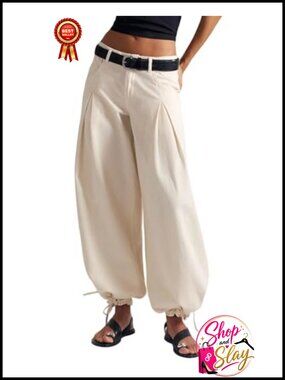 Women Mid Rise Wide Leg Jeans Balloon Denim Pleated Drawstring Barrel
